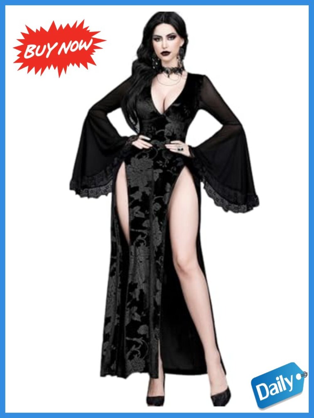 Women Gothic High Slit Embroidery Maxi Dress Long Sleeve Backless Formal